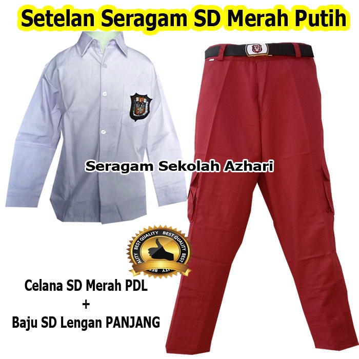 Setelan Seragam Sekolah SD Laki Laki Celana PDL Merah Putih Lengan Panjang -Set Celana SD Merah PDLM