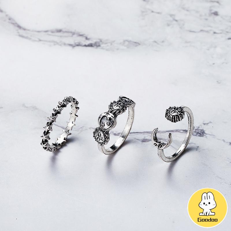 Cincin Gabungan Terbuka Kreatif Retro Star Moon 3-piece Set Cincin -Doo