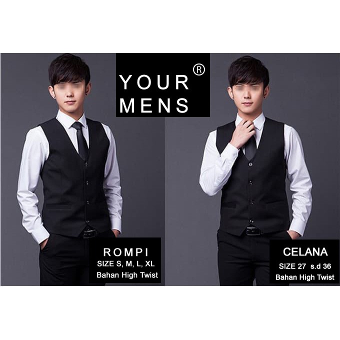 PAKET ROMPI + CELANA HITAM BAHAN HIGH TWIST -- SETELAN ROMPI PRIA SLIMFIT 4IN1 ORIGINAL NIKAYU