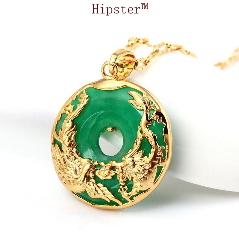 Vintage Classic Auspicious Luxury Dragon and Phoenix Shape Emerald Gold Pendant Necklace