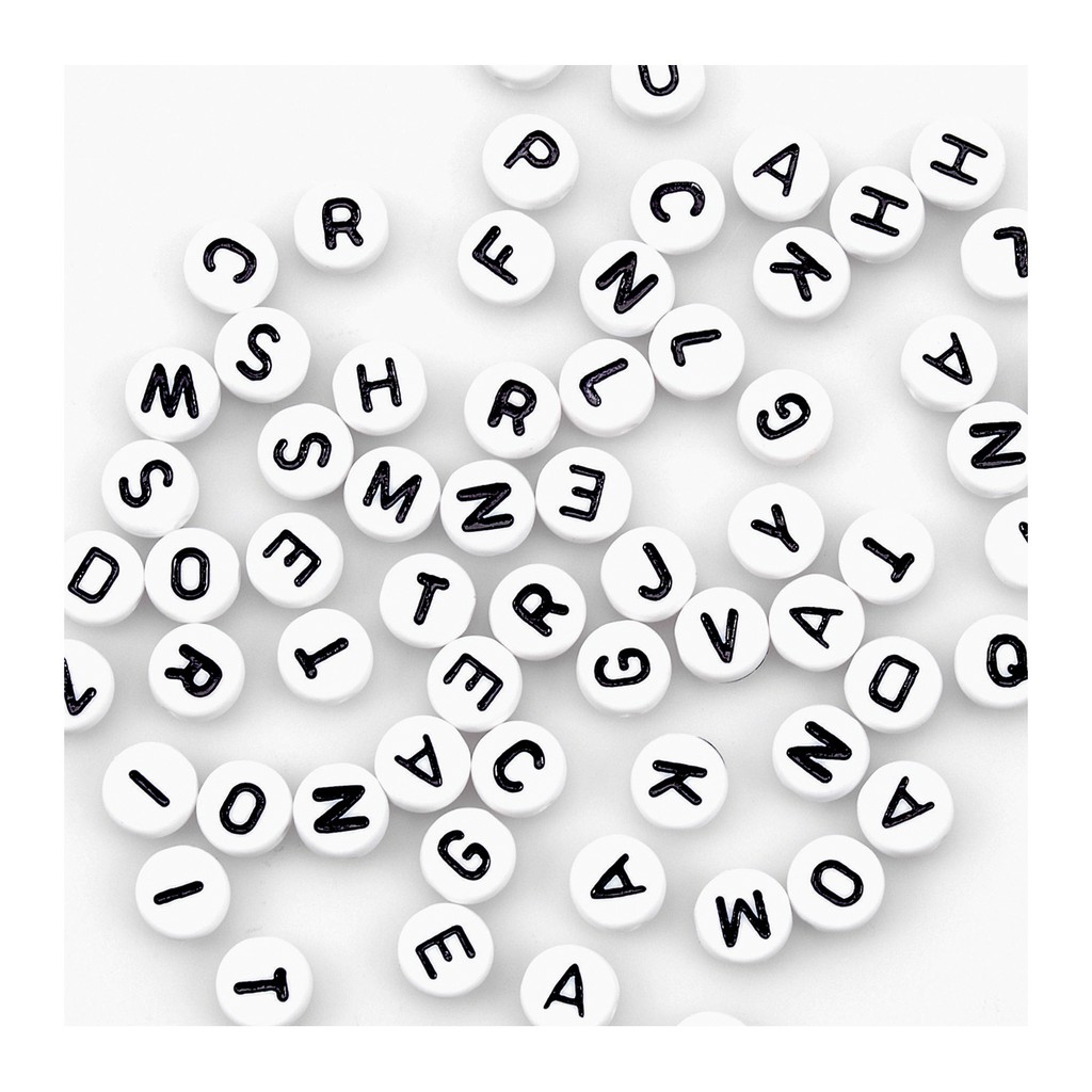 Foto [Pilih Huruf] Manik Huruf Alfabet Bulat Pipih Putih tulisan Hitam
