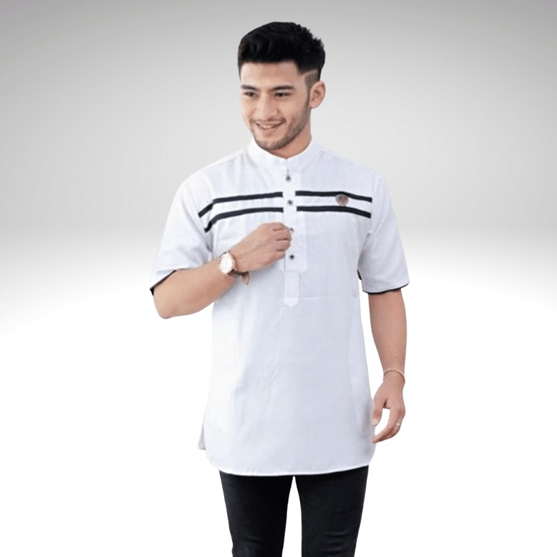 Baju Koko Kurta Dewasa Lengan Pendek Material Catton Adem Serap Keringat-Putih