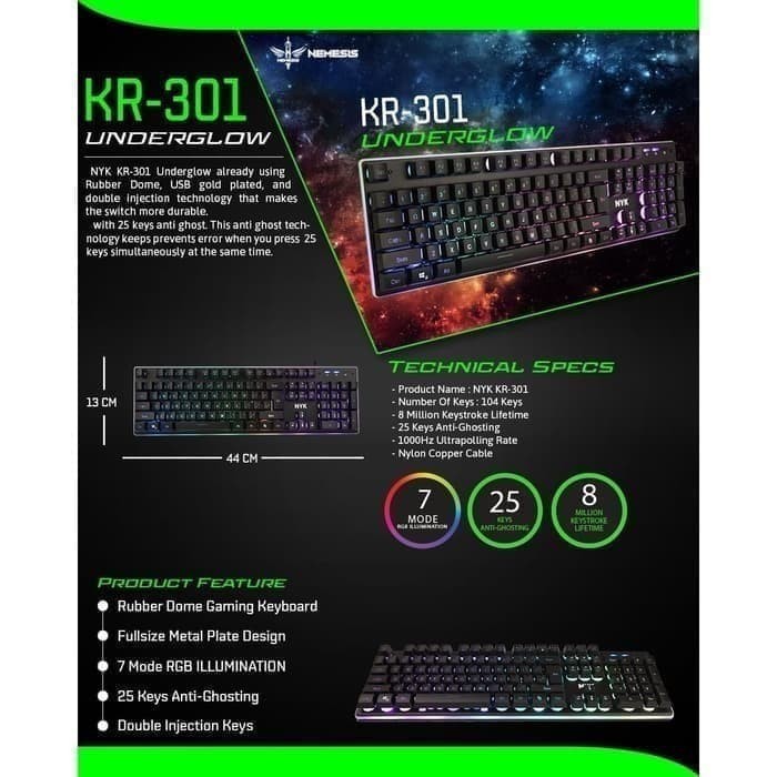 Keyboard gaming nyk nemesis rubber dome wired usb Rgb metal plate 104 key underglow kr-301 kr301