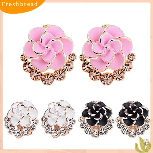 Fresh| Anting Tusuk Motif Bunga Peony / Camellia Bahan Alloy Hias Berlian Imitasi Untuk Wanita / Pesta