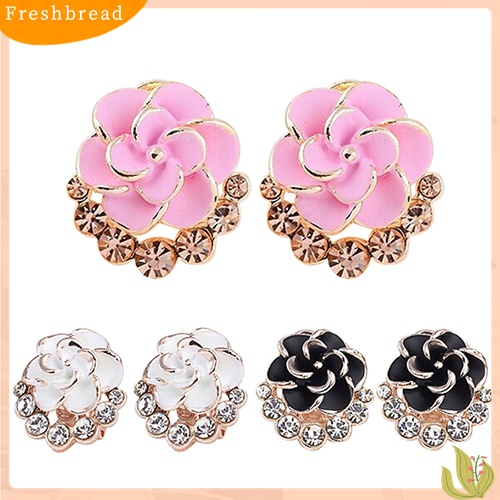 Fresh| Anting Tusuk Motif Bunga Peony / Camellia Bahan Alloy Hias Berlian Imitasi Untuk Wanita / Pesta