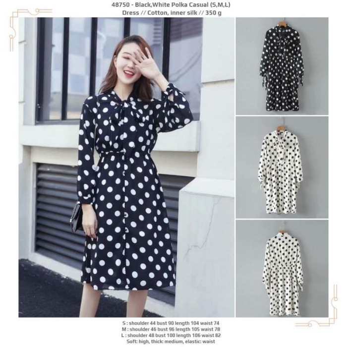 48750 Polka Casual Dress / Dress Casual Midi Hitam Putih Polkadot(F5W7) MIDI DRESS KOREA TERBARU TER