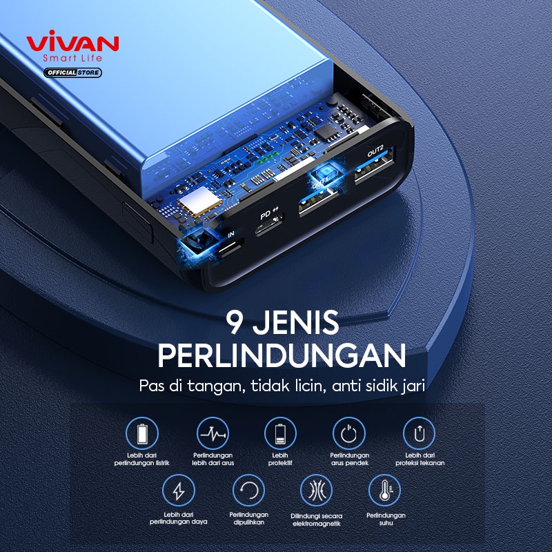 PowerBank VIVAN 20000mah VPB-W20 22.5W 3 Output Dual Input Port Type C &amp; Micro USB Original Fast Charging Quick Charging PD 3.0 QC 3.0 Real Capacity - Garansi Resmi 1 Tahun ORIGINAL