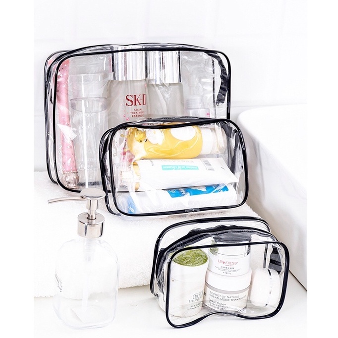 Dompet Kosmetik Tas Transparan Pouch bahan PVC Tahan Air Black Shine Premium