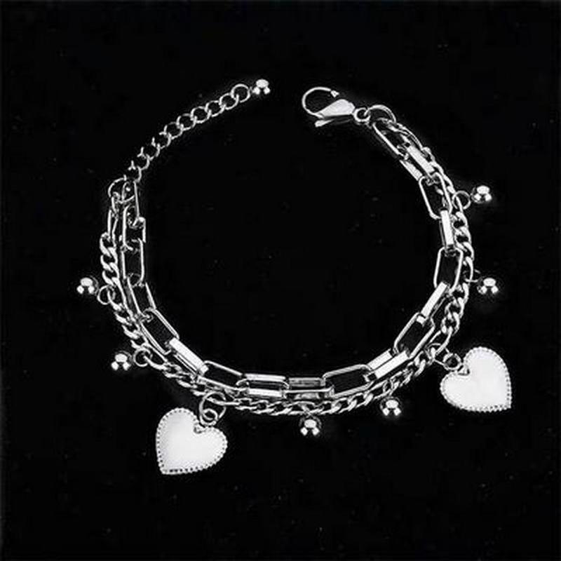 Gelang Rantai Multilayer Liontin Hati/Manik-Manik Bulat Gaya Vintage/HipHop untuk Perhiasan Wanita