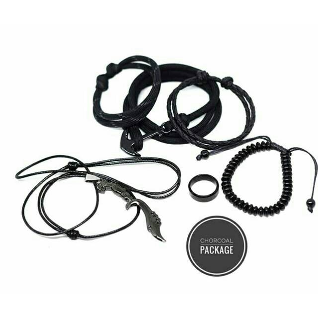 Gelang Tali Hitam Paket Set Cincin Kalung Kujang Black Series