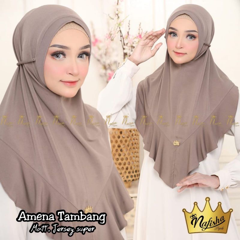 (Ori Nafisha) AMENA TAMBANG •jilbab instan jersey super•kerudung instan non pad tali kepang rempel