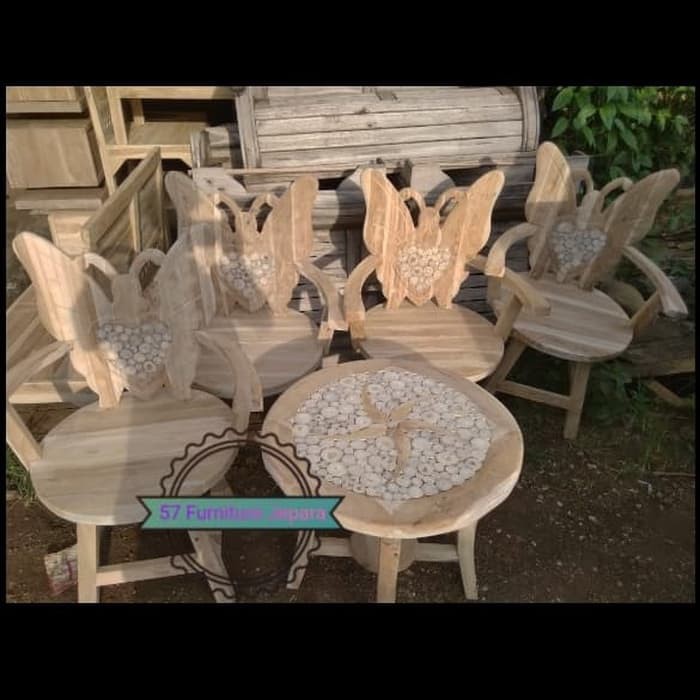 Meja dan kursi teras tamu kayu jati mentahan motif kupu kupu