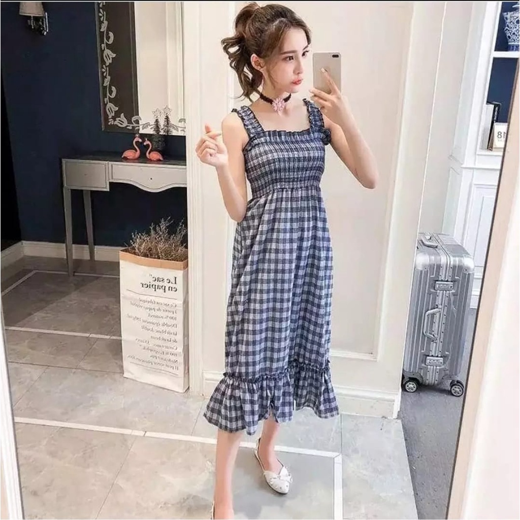 BEFAST - ZEC OOTD Wanita Dress Kasual BOUYA / Ivana Dress / Dress OOTD Ke Pantai / Dress Motif Kotak-kotak / Dress Style Korean / Dress Casual / Dress Unik / Dress Remaja Kekinian