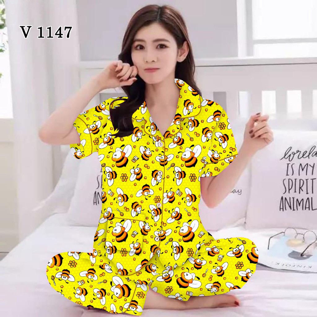 BJ - Piyama CP Wanita Murah - Bahan Katun - Baju Tidur Lengan Pendek Motif Karakter-Honey Bee-Kuning