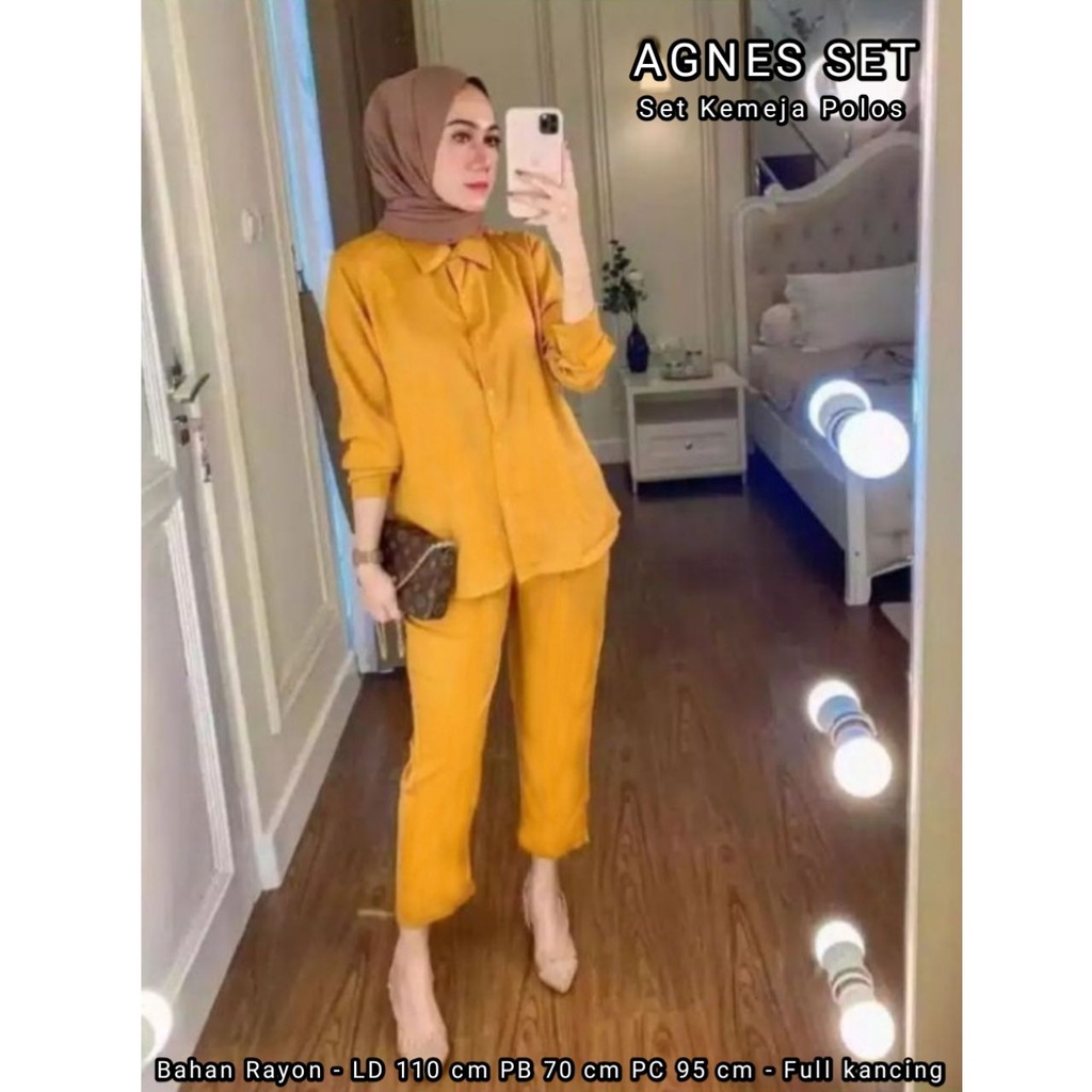 Agnes One Set Wanita Rayon Premium Setelan Wanita Kemeja Polos Lengan Panjang Set Celana Wanita Kekinian LD 110 cm