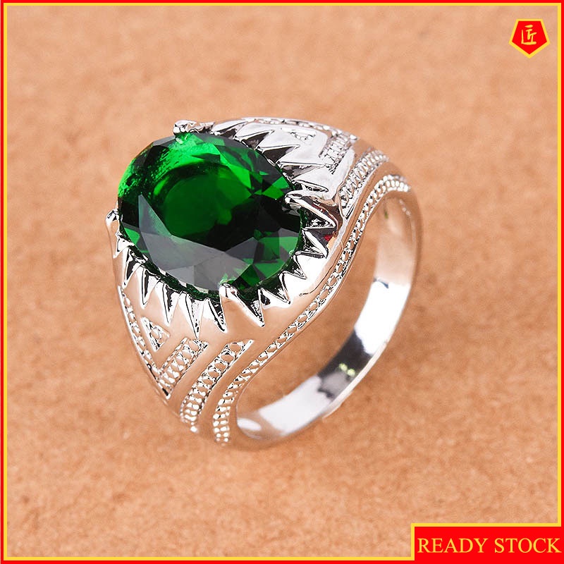 [Ready Stock][Ready Stock]Green Gemstone Ring Retro Silver Fashion Personality