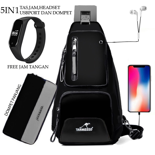 TANMESSO 5IN1 BAYAR DITEMPAT-BONUS JAM LED,DOMPET &amp; USBPORT&amp;HEADSET-tas selempang waterproof