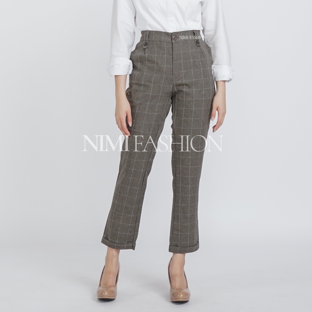 NIMI - Celana Tartan Wanita Bawahan Baggy Pants Kotak Wanita Pinggang Karet