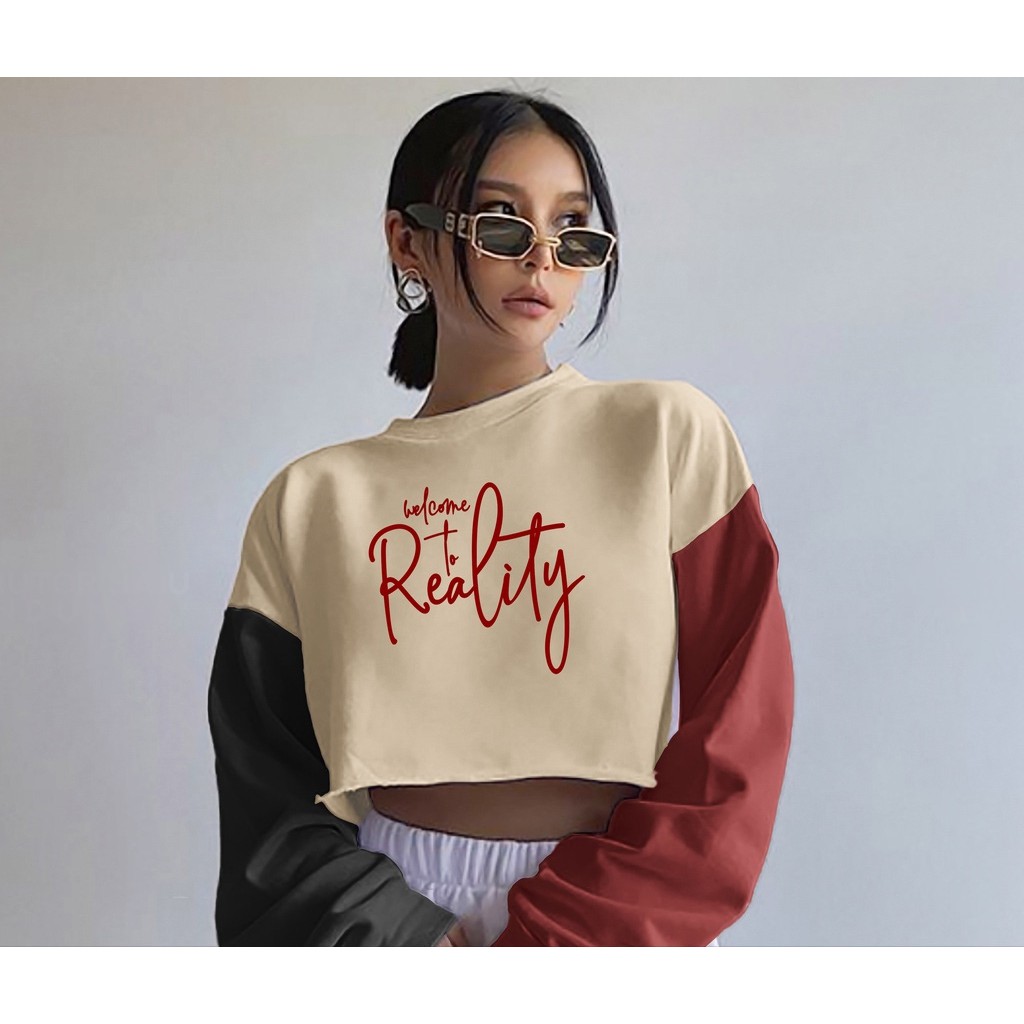 Sweater Crop Welcome To Reality | Korean Style Colorfull Sweatshirt | Pakaian Wanita | Bahan Babyterry Tebal Dan Lembut | Allsize