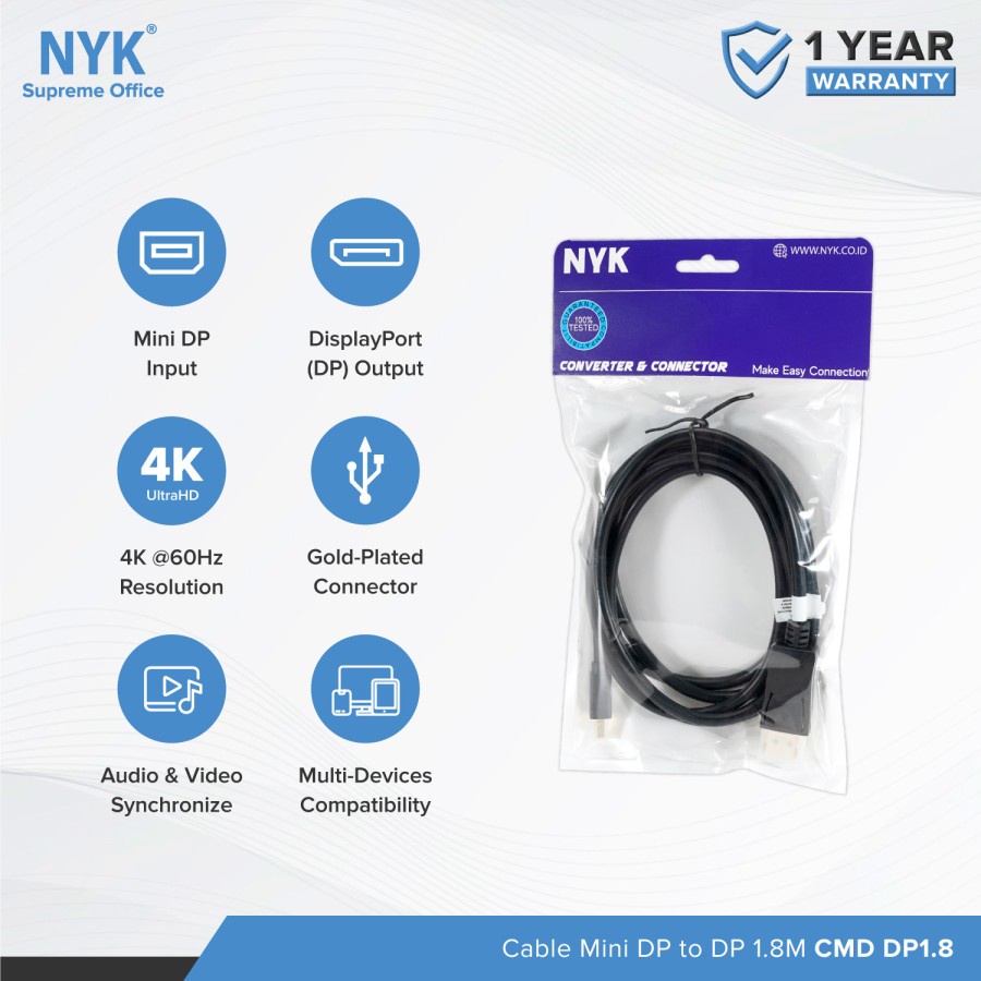 NYK Kabel Mini Display Port to Display Port Gold Plate 4K