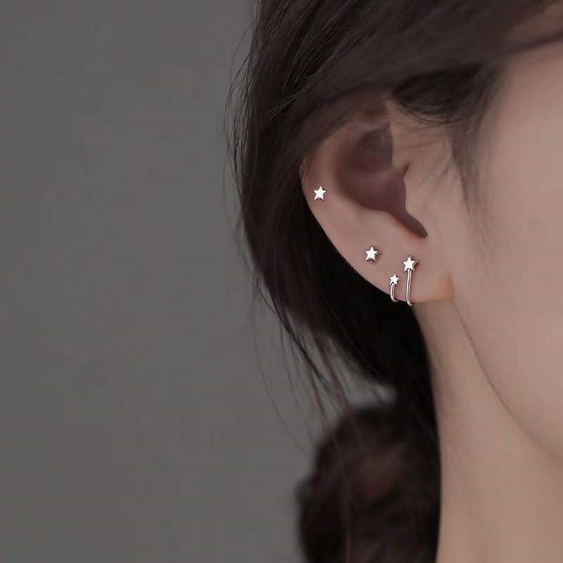 Roselife 1 Pasang Anting Tusuk Silver Wanita Desain Bintang Ganda Gaya Korea