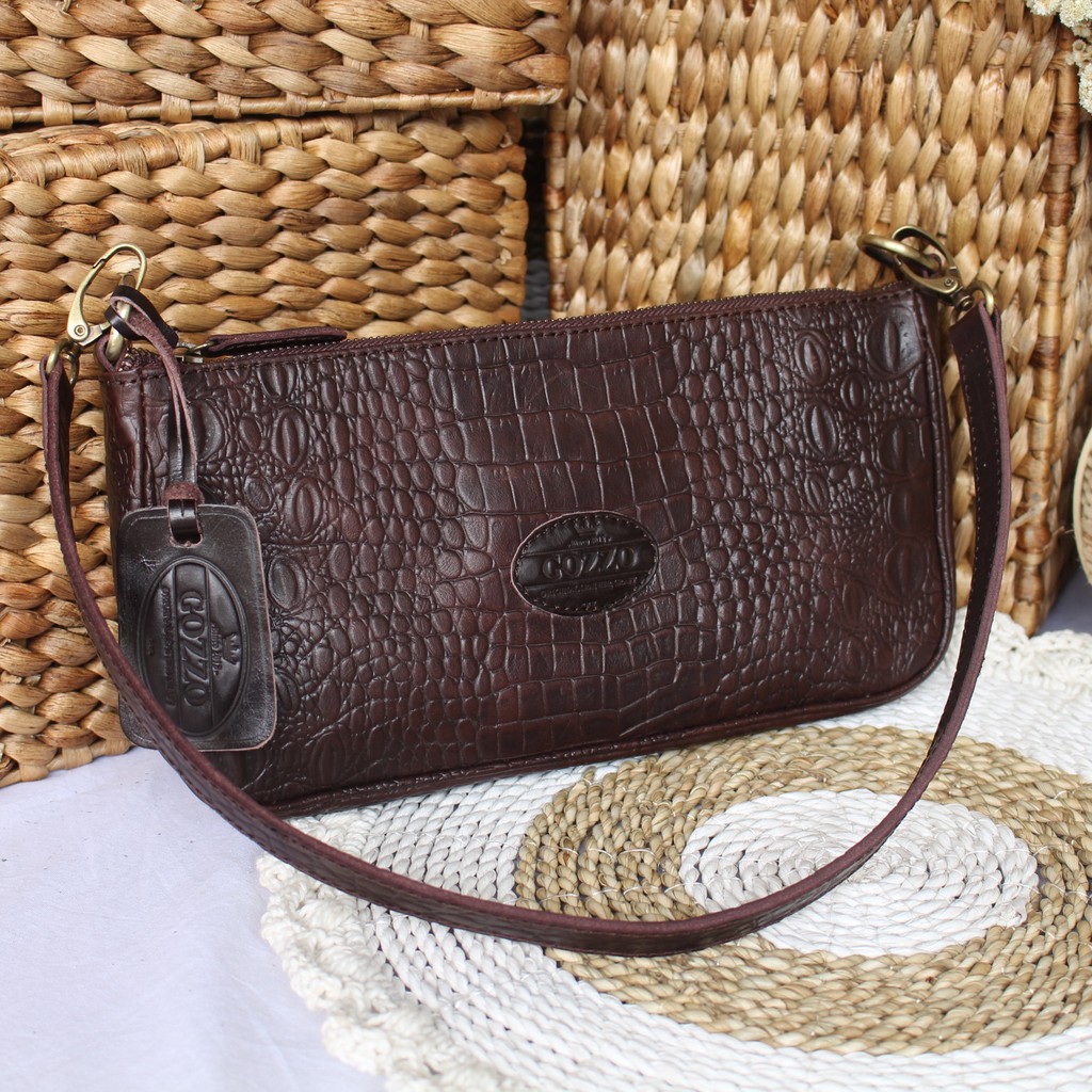 NEW !! TAS TANGAN / CLUTCH WANITA KULIT ASLI EMBOS CROCO NEBULA COKLAT TUA / FREE GRAVIR NAMA DI TAS