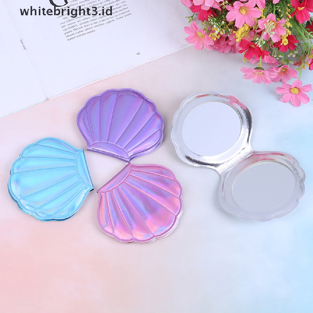 (whitebright3.id) Cermin Kosmetik / Makeup Dua Sisi Bentuk Kerang Laut Bahan Kulit PU