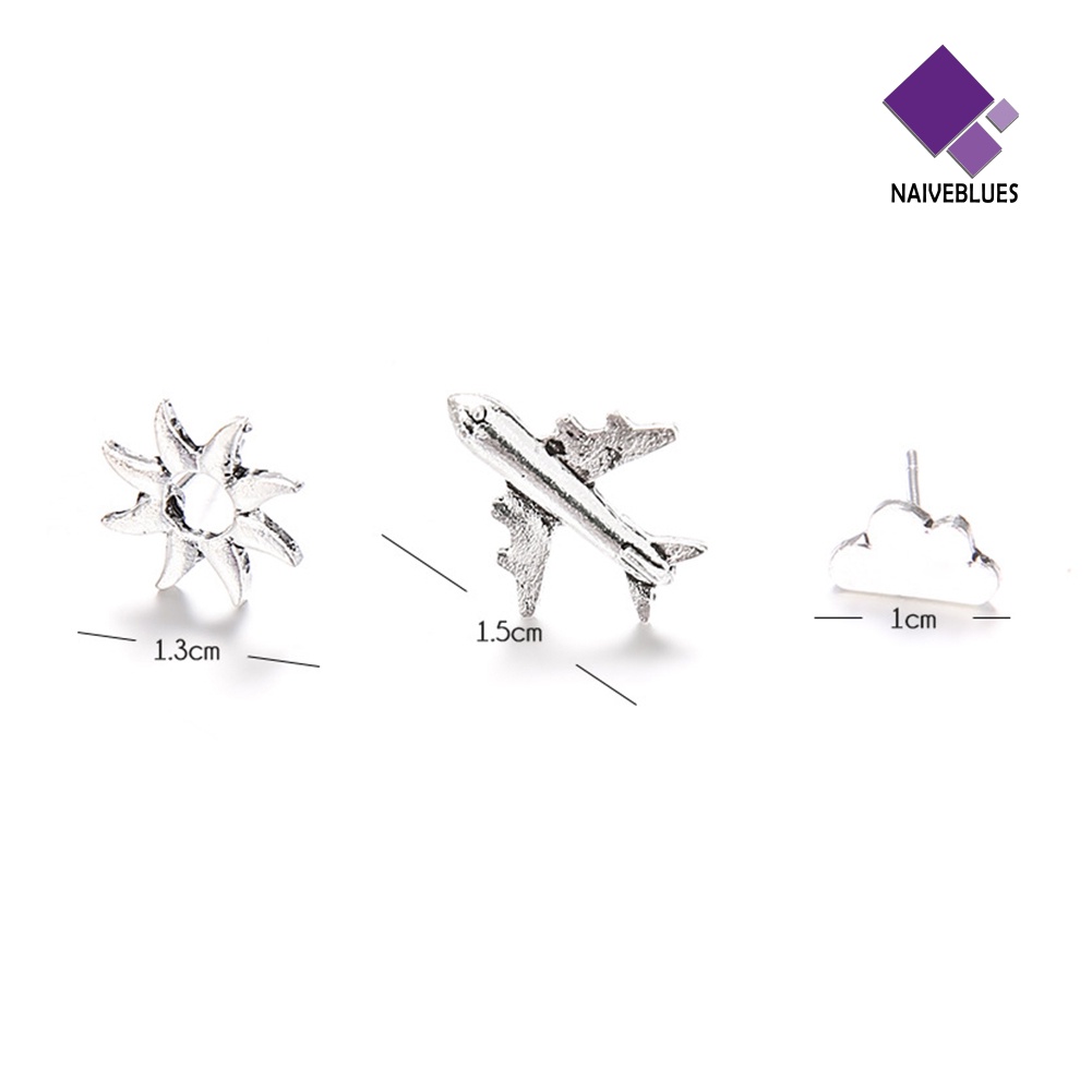 3pcs / Set Anting Stud Bentuk Pesawat Awan Matahari Untuk Wanita