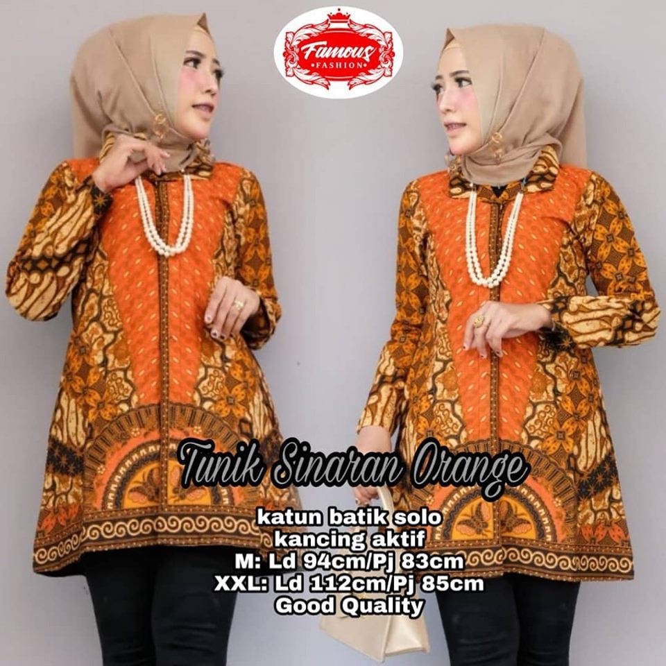 baju batik tunik sinaran orange /batik kantoran/batik cakep/batik cewek/batik solo/batik kekinian