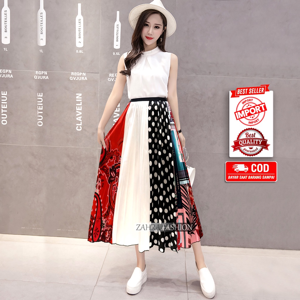 READY Rok Plisket Motif Polkadot Satin Premium Import murah 7/8 style korea terbaru | 321-3 | Rok Pr