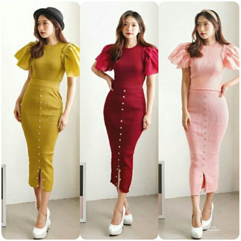 A163 REALPICT IMPORT PREMIUM Baju atasan set rok rajut skirt wanita baju set rok rajut cewek import