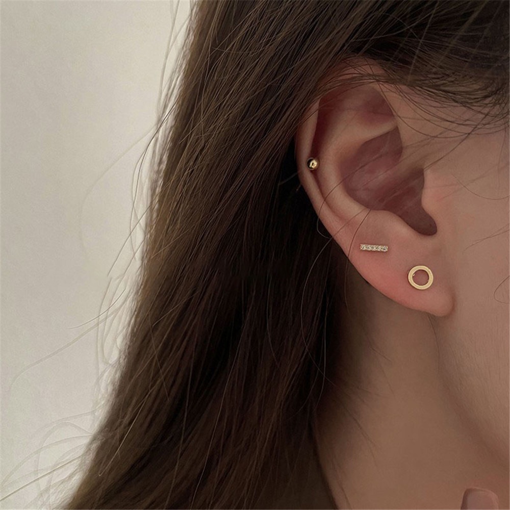 6 pcs Korea Cahaya Mewah Kompak Geometris Logam Zirkon Emas Perak Stud Earrings Set untuk Wanita