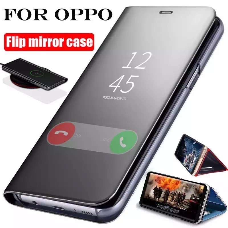 OPPO A16 A55 Flip Mirror stand / Flip Cover case smart View Auto Lock standing hp