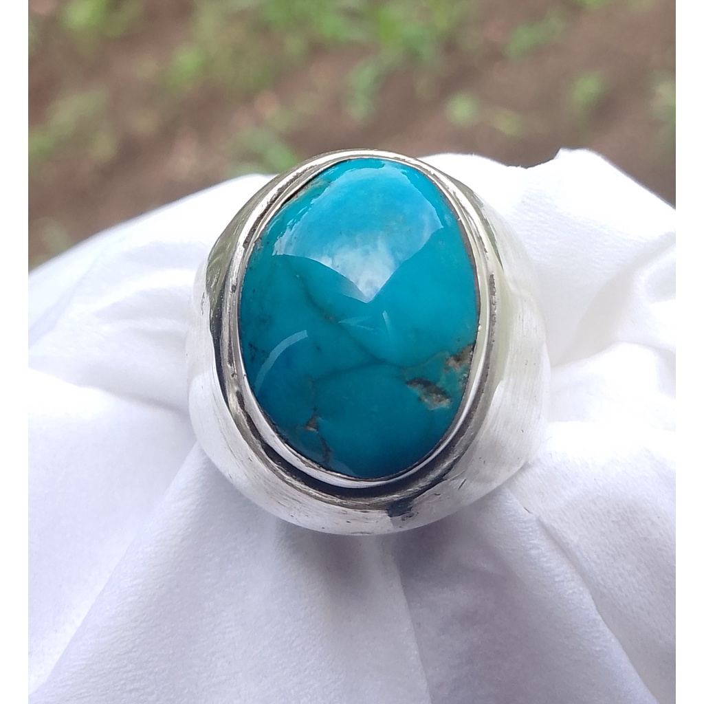 Natural Pirus Persia Biru BodyGlass Ring Perak 925 HD Tebal