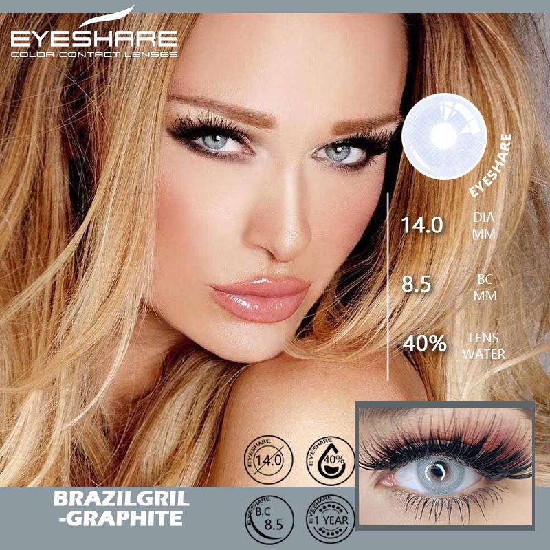 1 Pasang Lensa Kontak Berwarna Diameter 14.0MM Normal &amp; Minus(0.00) Kadar Air 40% / Mata Korea / Free Lencase/ Softlen Berwarna/ Lensa Warna BRAZIL GIRL AZUL/GRAPHITE