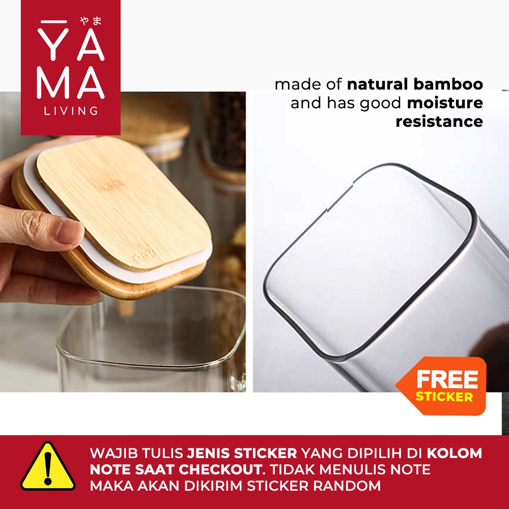 YAMA DASHI Square Seasoning Bamboo Jar Toples Kedap Udara Kotak Kaca Tempat Bumbu Dapur Borosilicate Glass