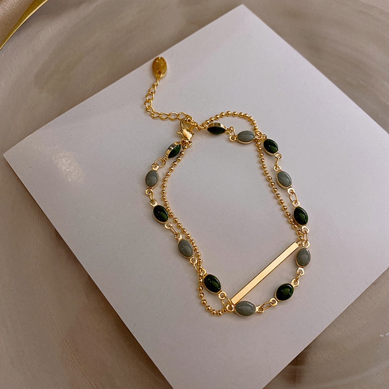 Perhiasan Gelang Kristal Hijau Oval Bahan Logam Ganda Gaya Retro Perancis Untuk Wanita 2020