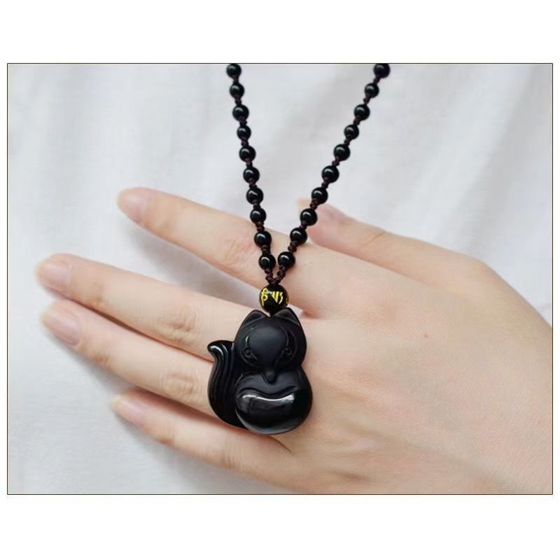 Kalung Rantai Liontin Manik-Manik Obsidian Bentuk Rubah Gaya Vintage Untuk Unisex 2022