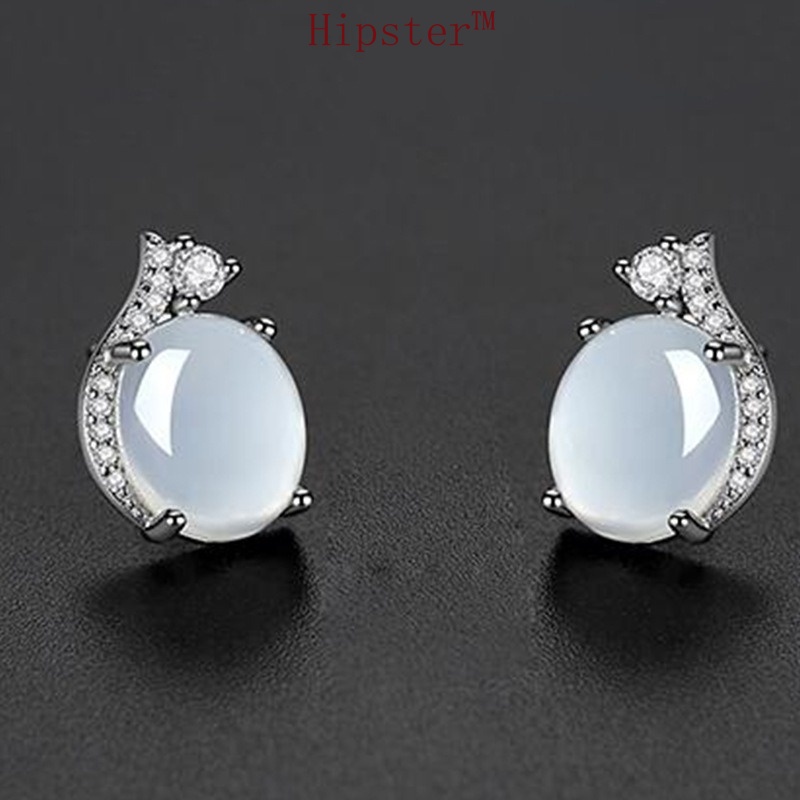 Retro Elegant Hetian White Jade Platinum Micro Inlaid with Diamond Stud Earrings