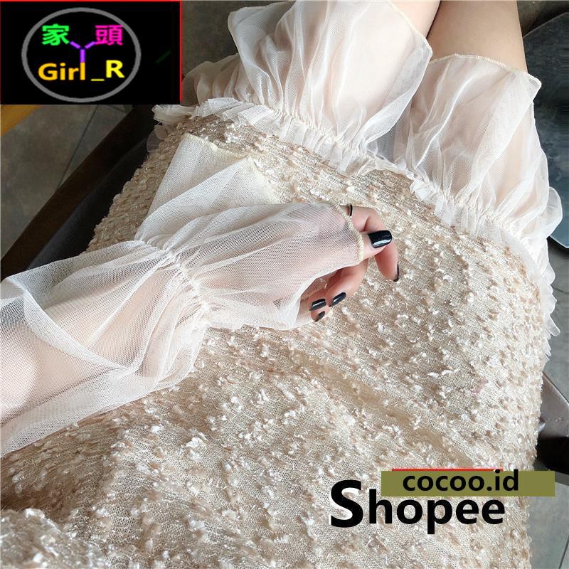 GIRLMAID Dress Selutut Model Hongkong/Korea Sexy Lengan Panjang Terompet Aksen Lace untuk Wanita