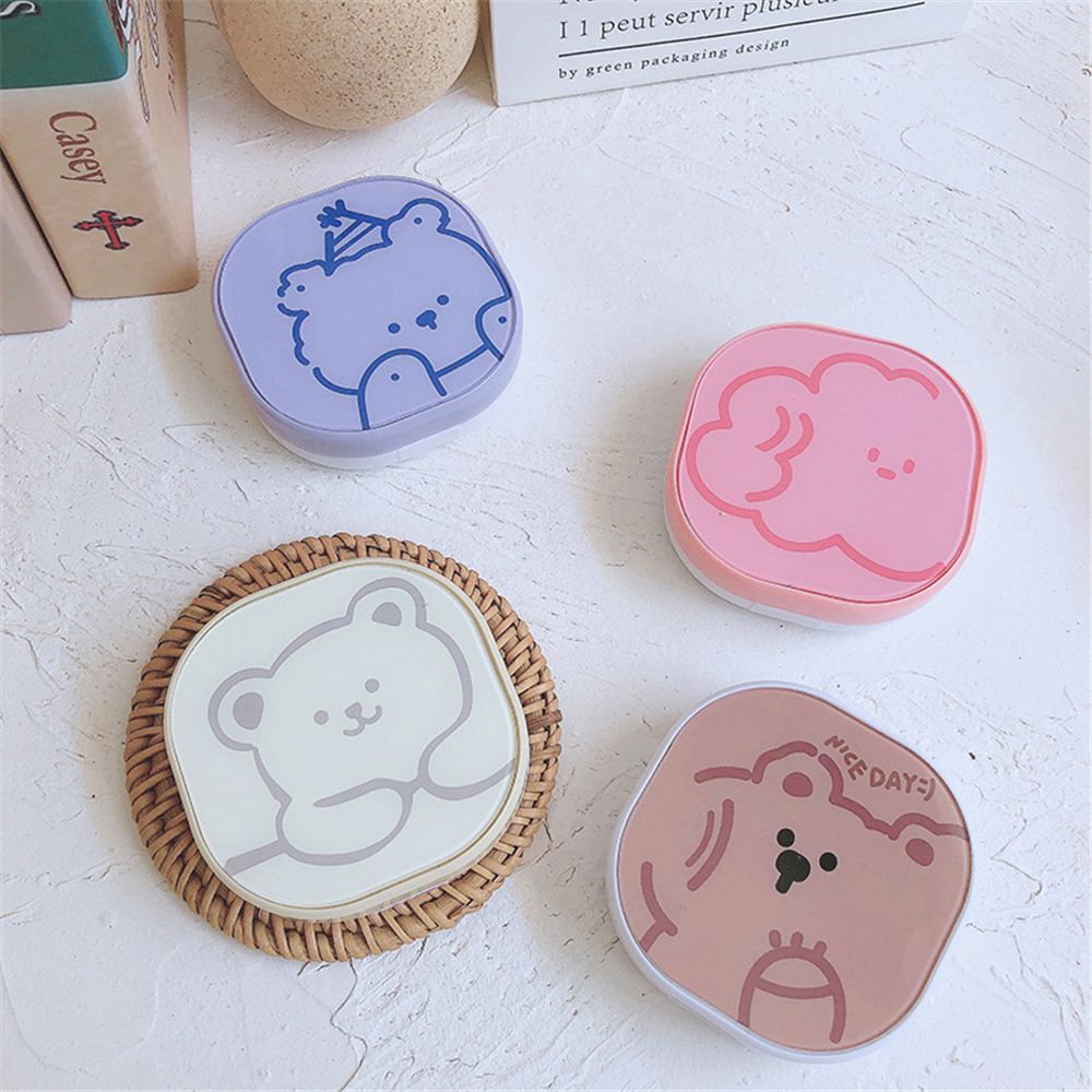 ROW Glasses Accessories Contact Lens Box Portable Storage Container Contact Lens Case Travel Cute Easy Carry Bear Cartoon with Mirror/Multicolor