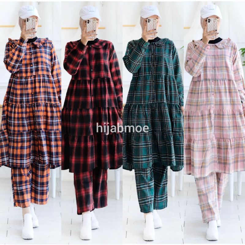 Hijab Sisters Raven One Set Setelan Wanita Katun Flanel Motif Tunik LD 110 Busui