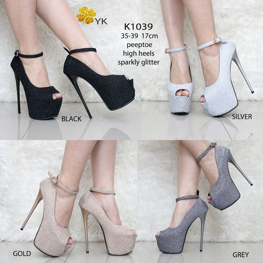 YKshoes 1039 high heels 17cm 17 cm shoes import sepatu wanita peep toe bartier silver gold grey hita