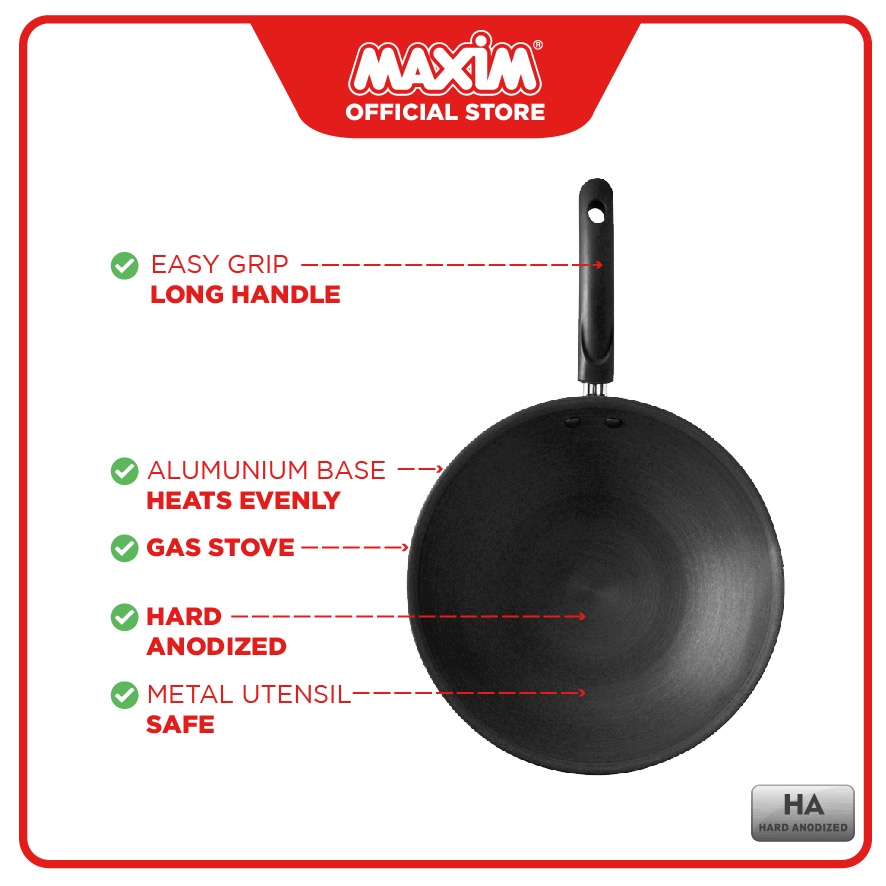 Maxim Essencia Wajan Penggorengan Hard Anodize 28cm Wok + Steamer + Tutup Kaca