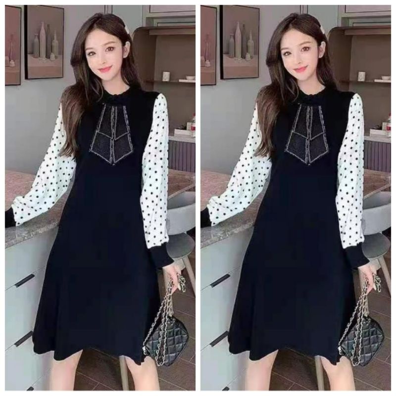 TUNIK RAJUT REMAJA WANITA KOMBINASI POLKA IMPORT