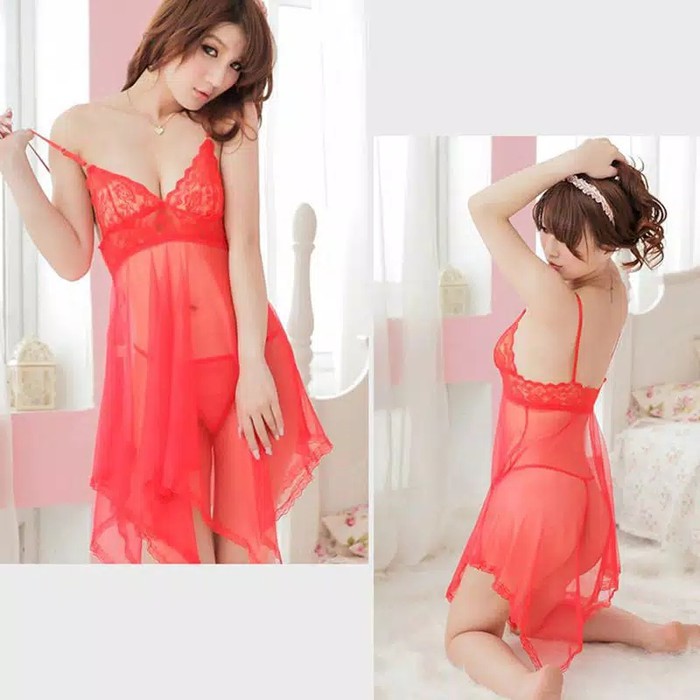 CLEARANCE SALE - BR0034 - Dress Lingerie V-Neck Rendah Model Renda Serat Mesh Eksotis