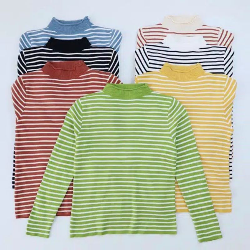 Kaos Stripe Rajut Knit Import Wanita