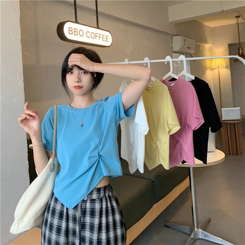 Crop Top Kaos Lengan Pendek Wanita Twisted T-Shirt Polos