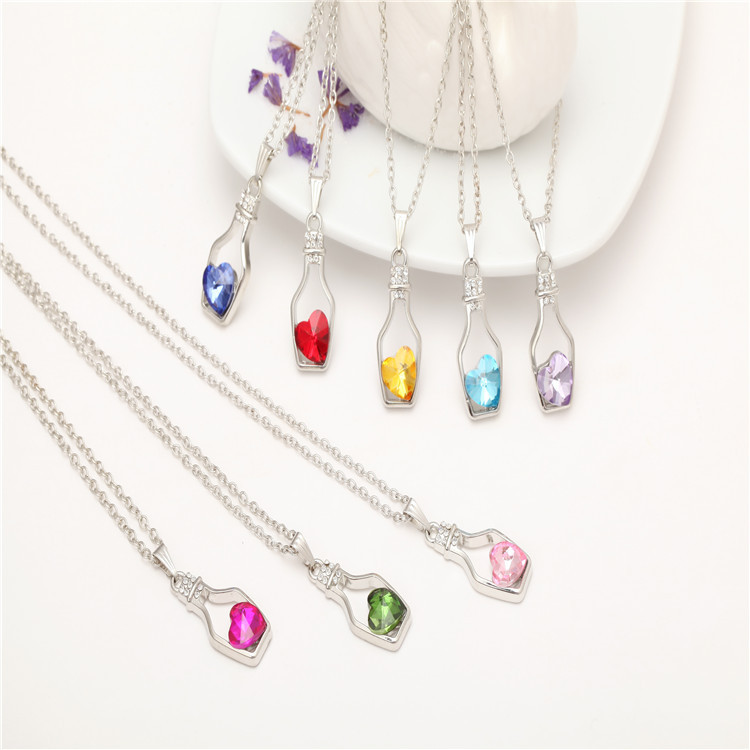 SEUSUK Creative Korean Fashion Popular Wishing Bottle Necklace Flash Diamond Peach Heart Austrian Crystal Pendant Drifting Bottle Strong Chain Female