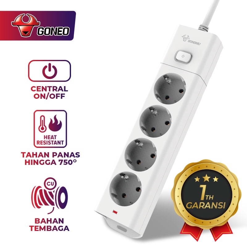 GONEO G1040 Stop Kontak Central On/Off Power Strip 4 Lubang Colokan Gongniu Tahan Panas Dengan Panjang Kabel (1.5m / 3m / 5m)  - Garansi 1 Tahun